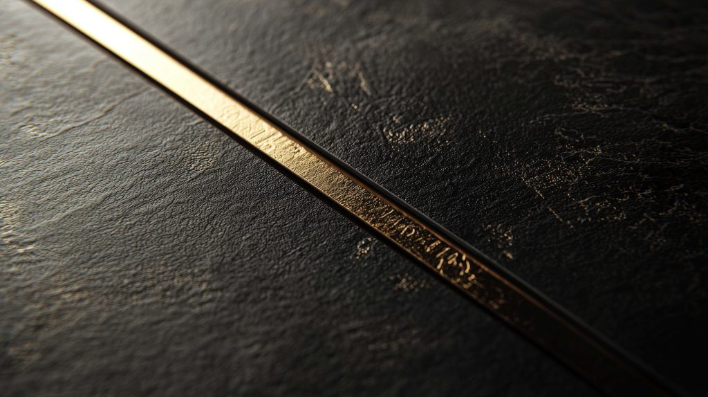 Black leather texture wallpaper with diagonal gold metallic inlay luxury modern CGI desktop background