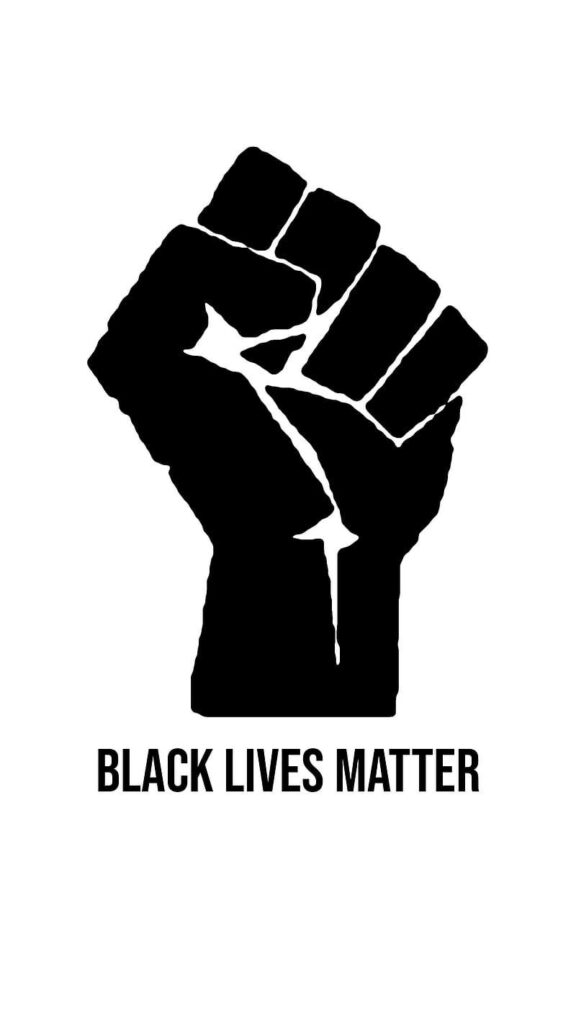 Bold black fist raised on white background with Black Lives Matter text symbolizing unity and justice Wallpaper