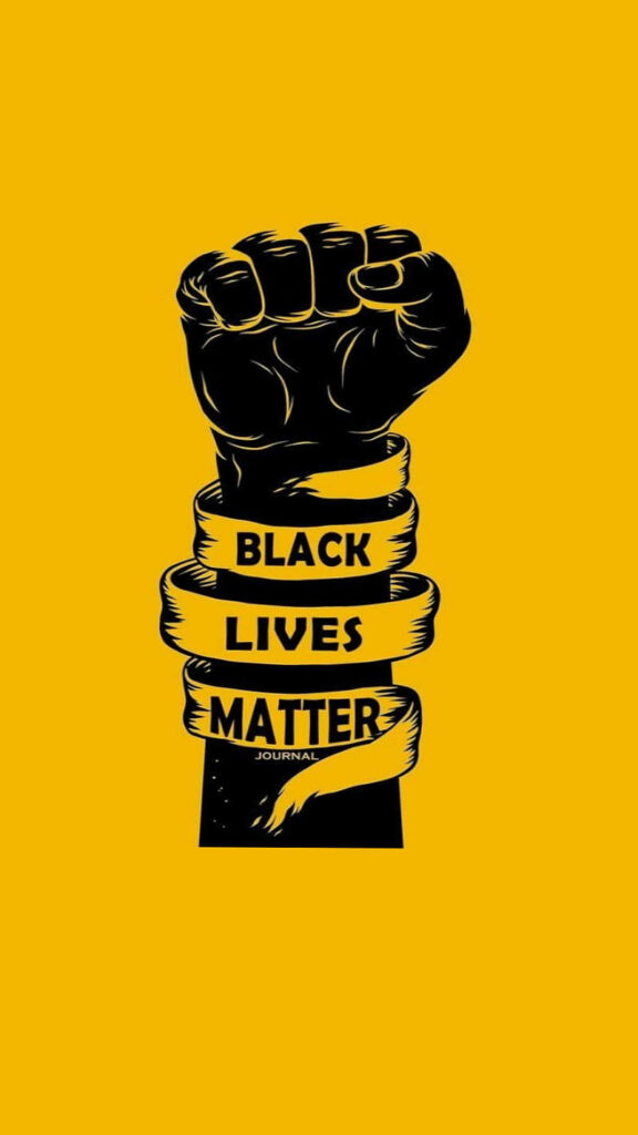 Black fist raised with Black Lives Matter ribbons on yellow background symbolizing justice and unity Wallpaper