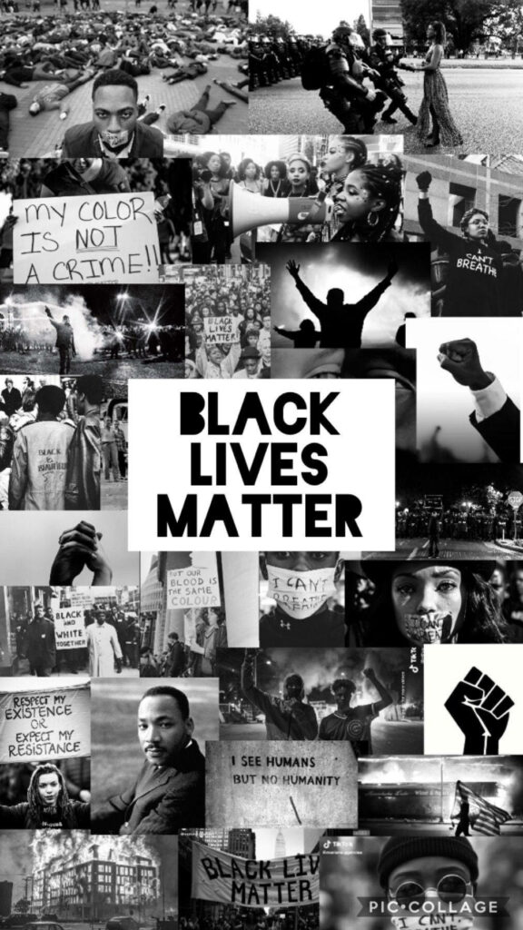 Black Lives Matter wallpaper with black and white protest images and raised fists symbolizing unity