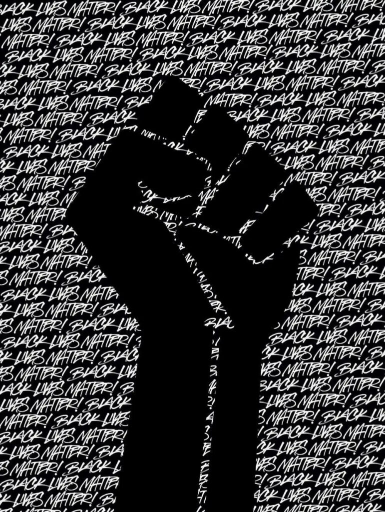 Raised black fist silhouette over repeated Black Lives Matter text background symbolizing unity Wallpaper