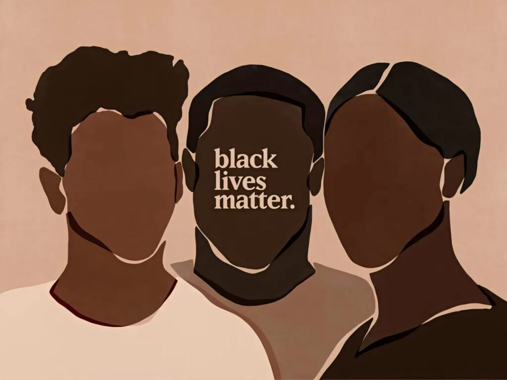 Three faceless figures united with Black Lives Matter text symbolizing racial justice solidarity wallpaper