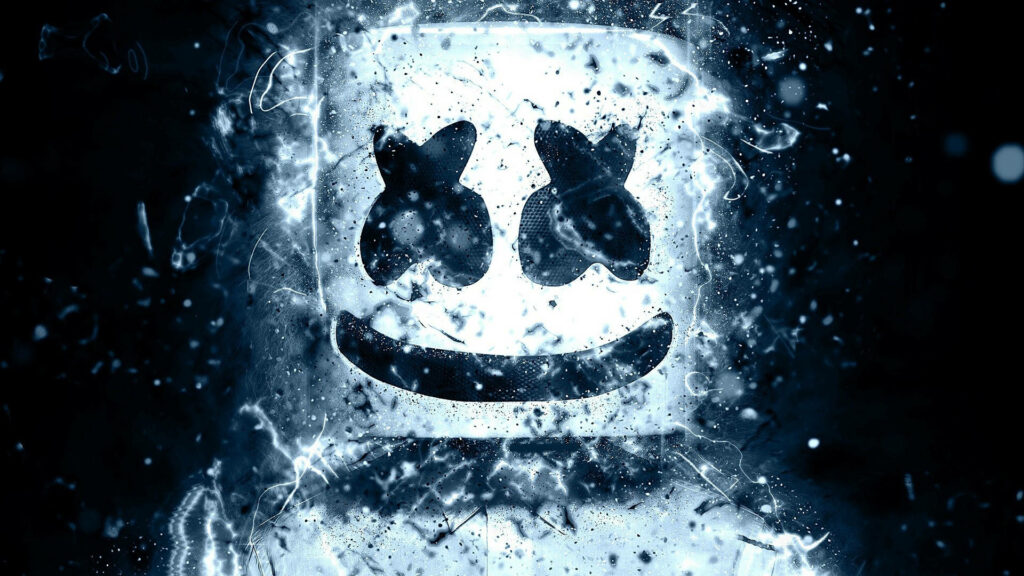 Immersed in Uncharted Depths: Black Marshmello Enveloped in a Watery Abyss with Iconic White Helmet Wallpaper