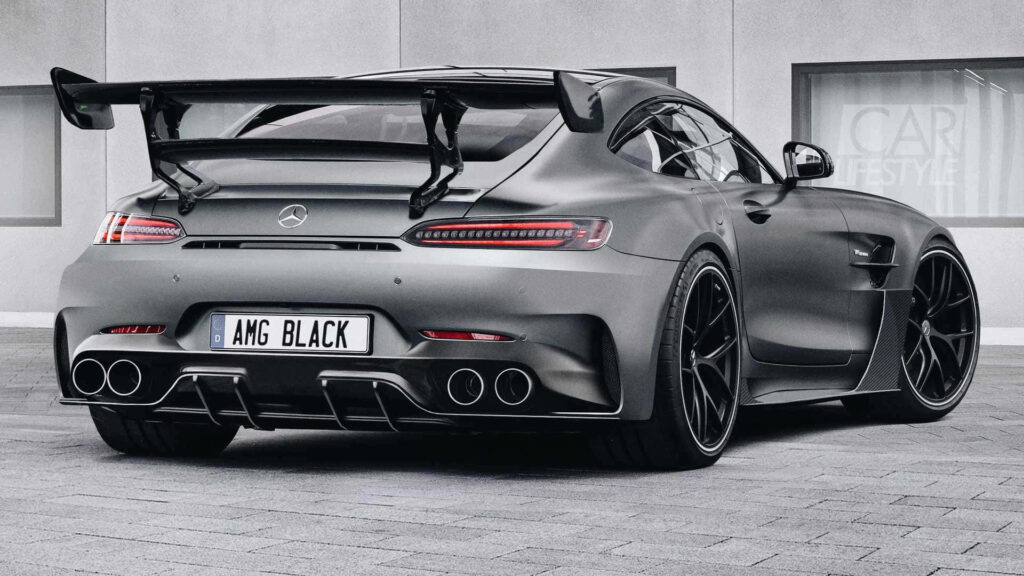 Back view of black Mercedes GTS with aggressive rear wing AMG styling urban wallpaper background