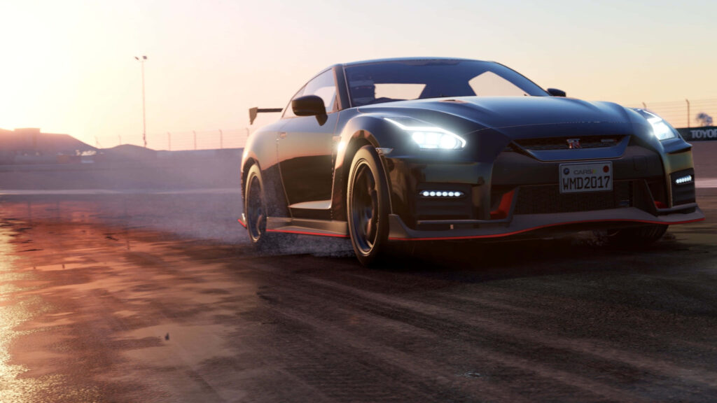 Black Nissan GT-R R35 drifting on racetrack at sunset 4K Project Cars wallpaper background
