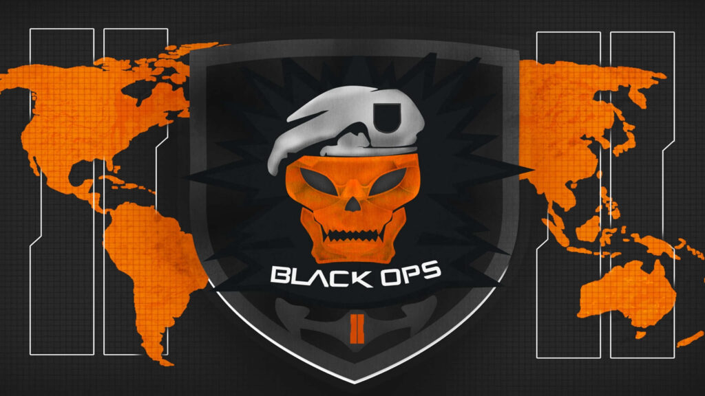 Call of Duty: Black Ops II Wallpaper with Orange Skull and World Map Background