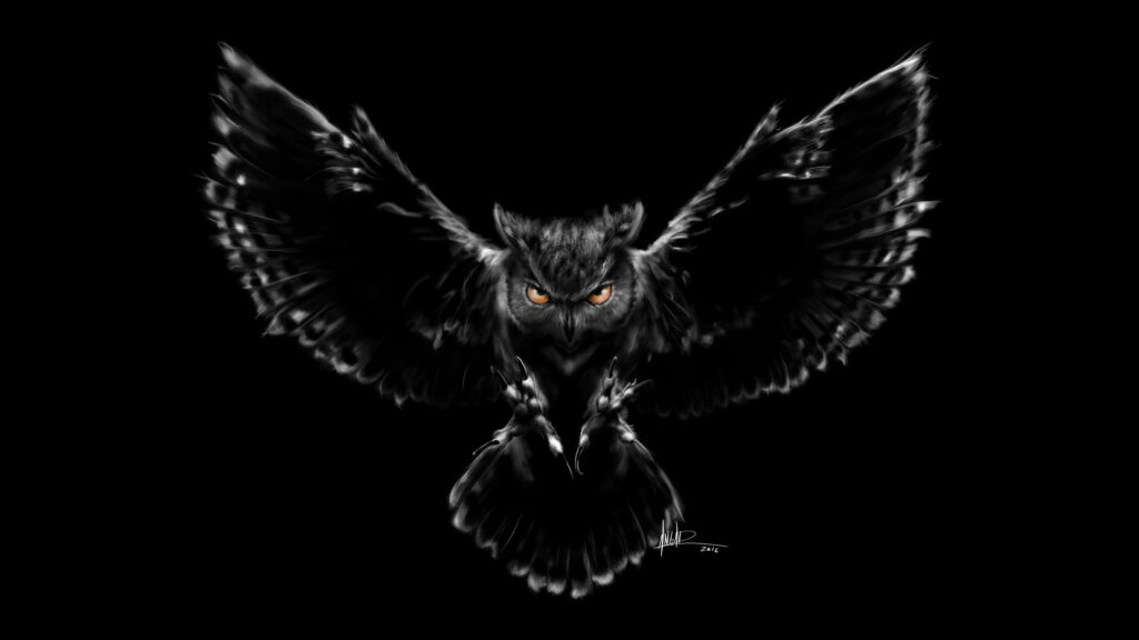 Menacing black owl with glowing amber eyes diving against dark gothic digital art background Wallpaper