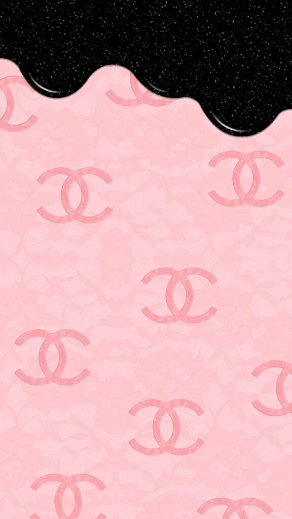 Black paint drips over soft pink Chanel logo patterned background stylish fashion wallpaper