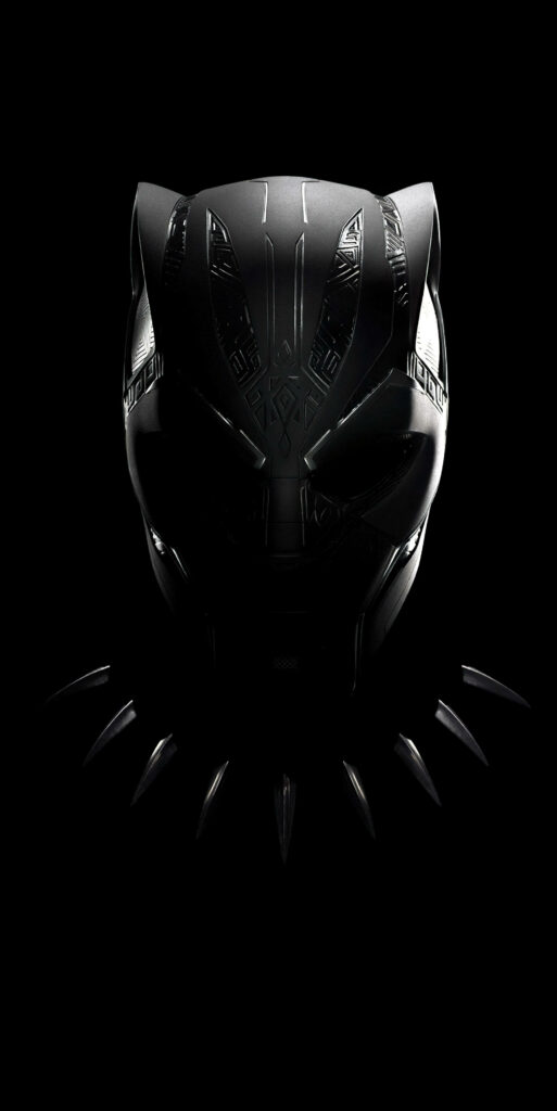 Black Panther in sleek suit with iconic mask and necklace on dark powerful Android wallpaper background