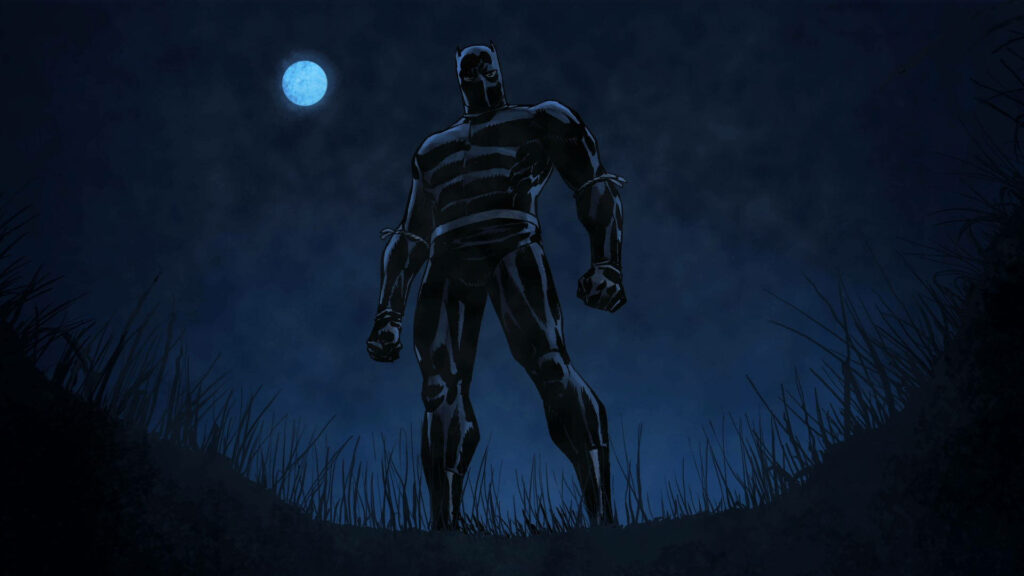 Black Panther superhero standing boldly under full moon in dramatic comic book wallpaper background