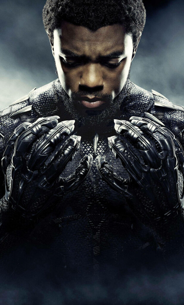 Chadwick Boseman as Black Panther in iconic suit with misty background Android wallpaper