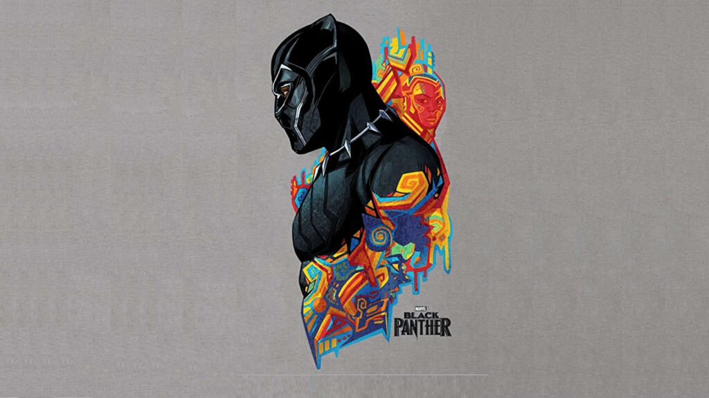 Black Panther digital art wallpaper with vibrant African patterns and iconic hero profile