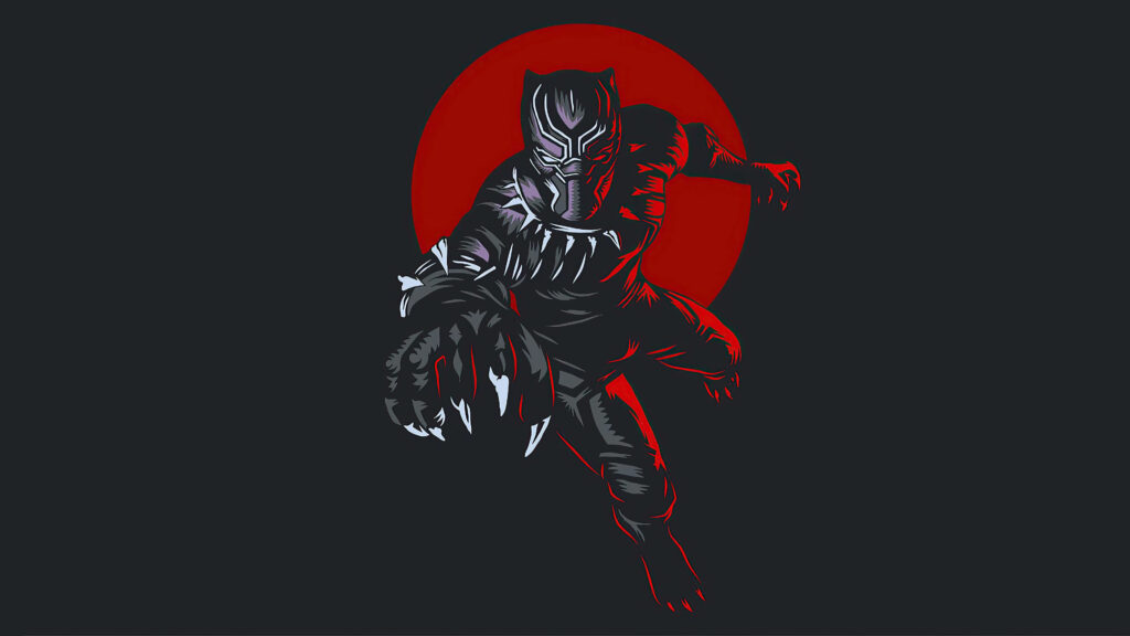 Black Panther action pose with sharp claws against bold red circle on dark wallpaper background