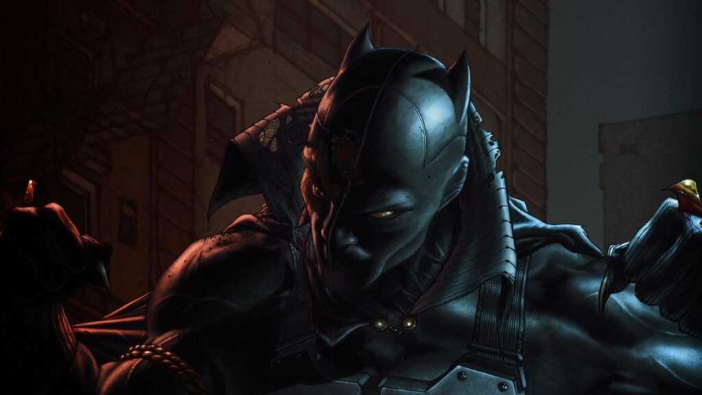 Black Panther wallpaper showing dynamic pose powerful suit intense expression urban nightscape
