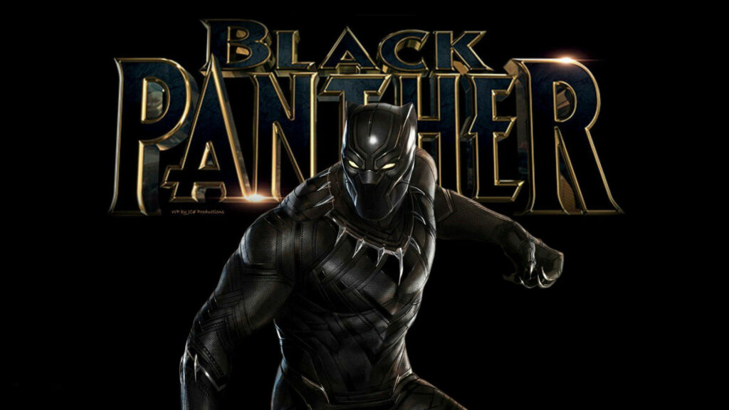 Black Panther dynamic pose wallpaper with bold comic book background and iconic Marvel logo
