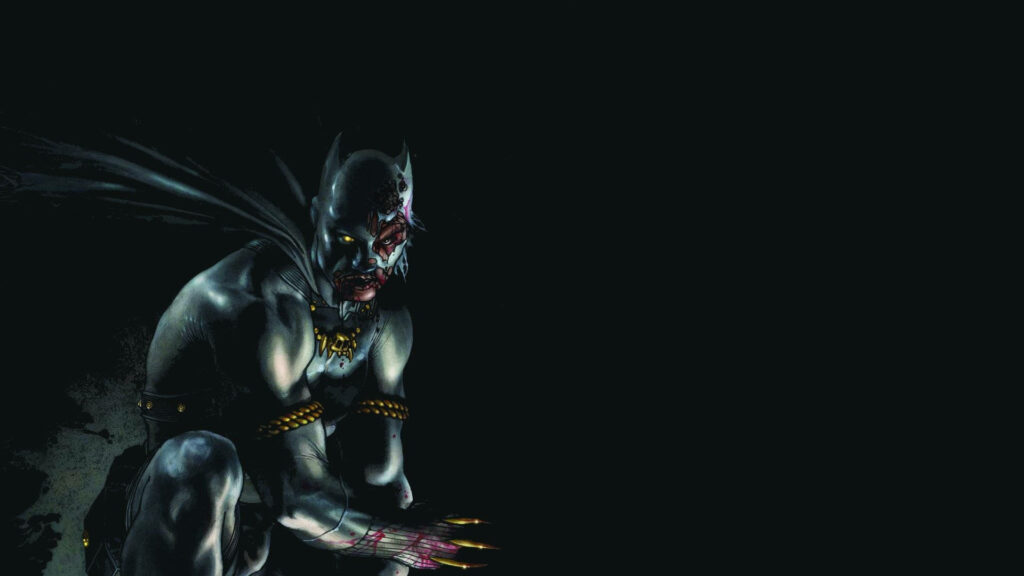 Black Panther crouching with torn mask revealing fierce details on dark Marvel origin wallpaper