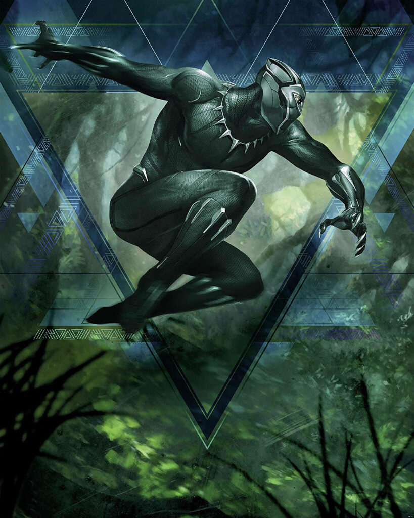Black Panther leaping in lush jungle with geometric patterns showcasing strength and agility wallpaper