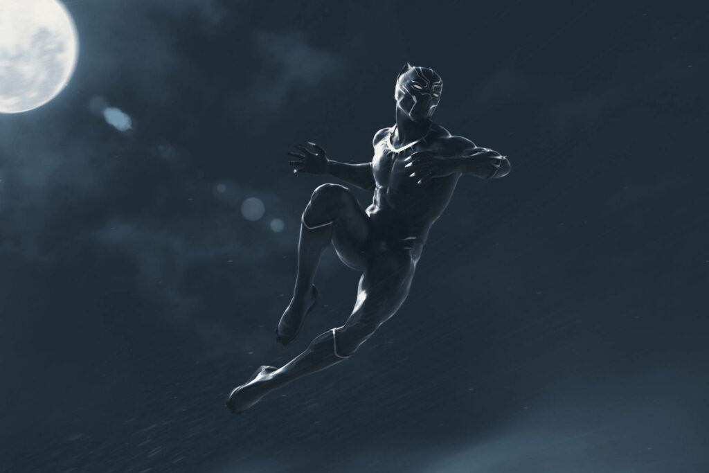 Black Panther leaping through night sky with glowing moon powerful agile superhero wallpaper