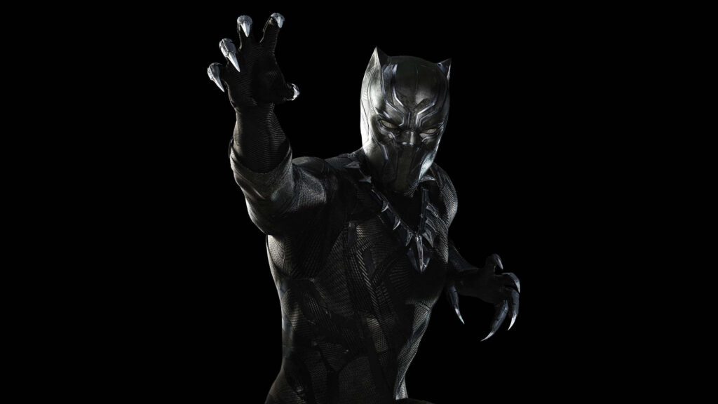 Black Panther Marvel superhero in sleek suit with claws on dramatic black wallpaper background