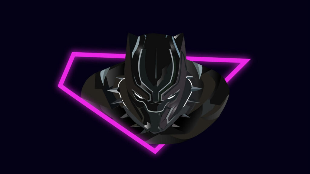 Minimalistic Black Panther wallpaper with glowing purple triangle and geometric mask design