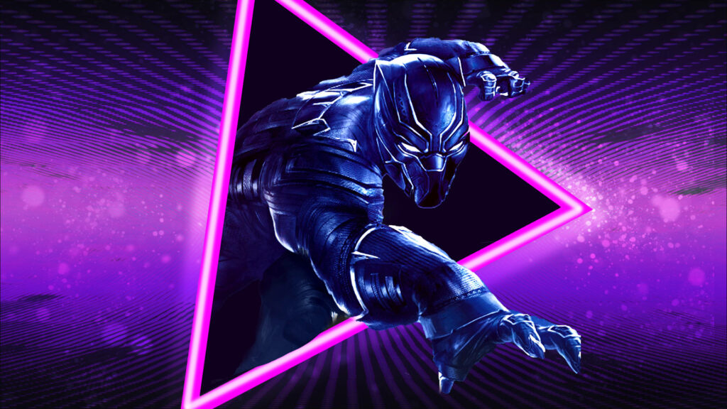Black Panther leaping with vibrant purple glow inside neon triangle modern wallpaper background