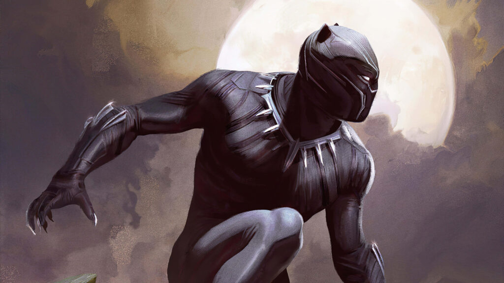 Black Panther in powerful stance with glowing full moon over dramatic landscape wallpaper background