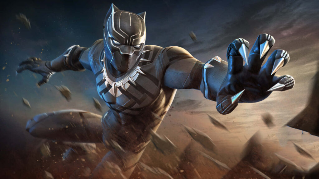 Black Panther leaping forward with claws out in sleek vibranium suit against dramatic background Wallpaper