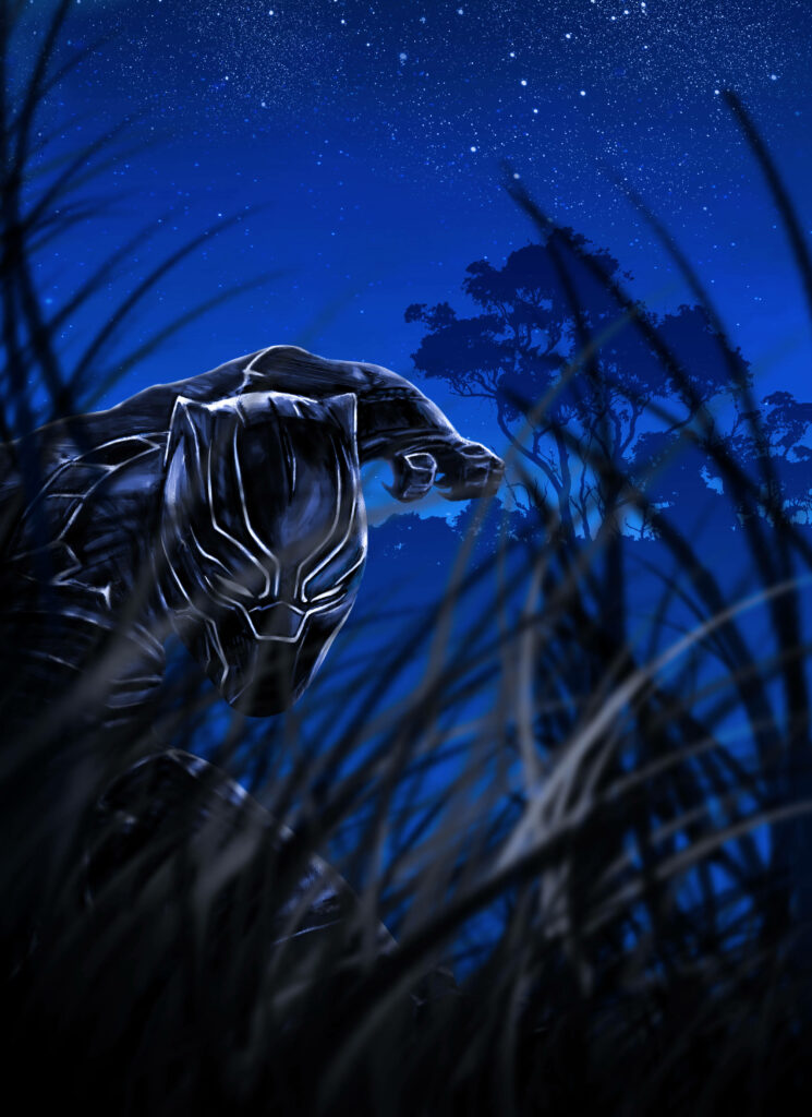 Black Panther wallpaper Android Marvel hero stealthily in tall grass under starry night sky background