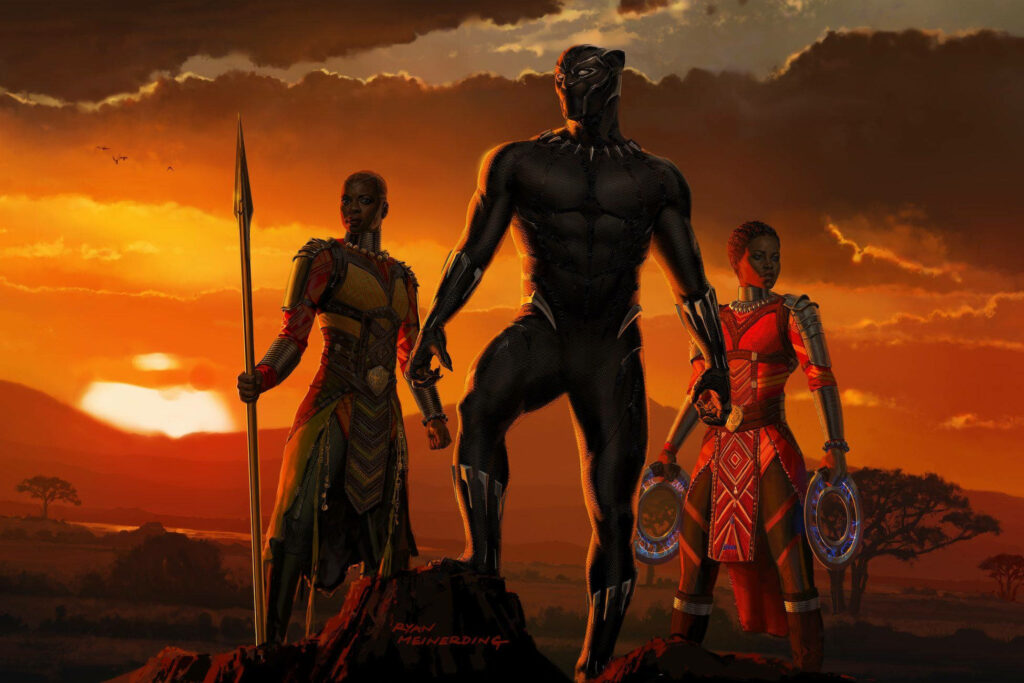 Black Panther and allies united against a dramatic sunset Wakanda wallpaper background