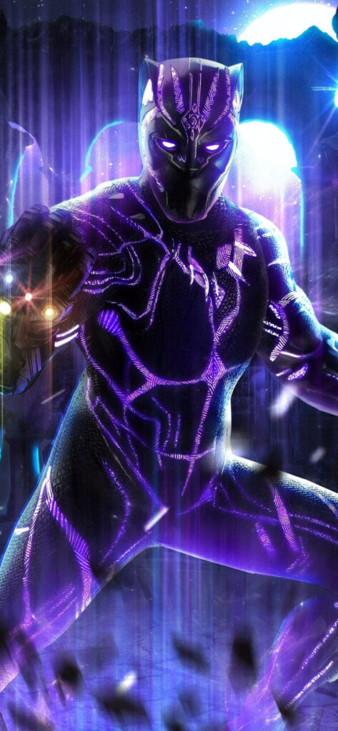 Black Panther wielding glowing Infinity Gauntlet in vibrant futuristic wallpaper background