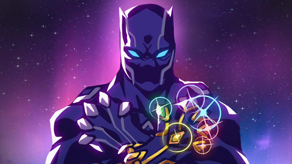 Black Panther wearing Infinity Gauntlet stands in cosmic purple background 4K Ultra HD wallpaper