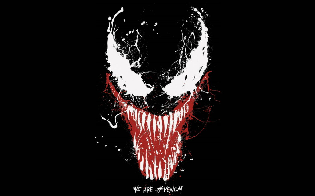 Sinister Symbiosis: A Haunting Artistic Rendering of Venom in Vivid Red and White against a Menacing Black Backdrop Wallpaper