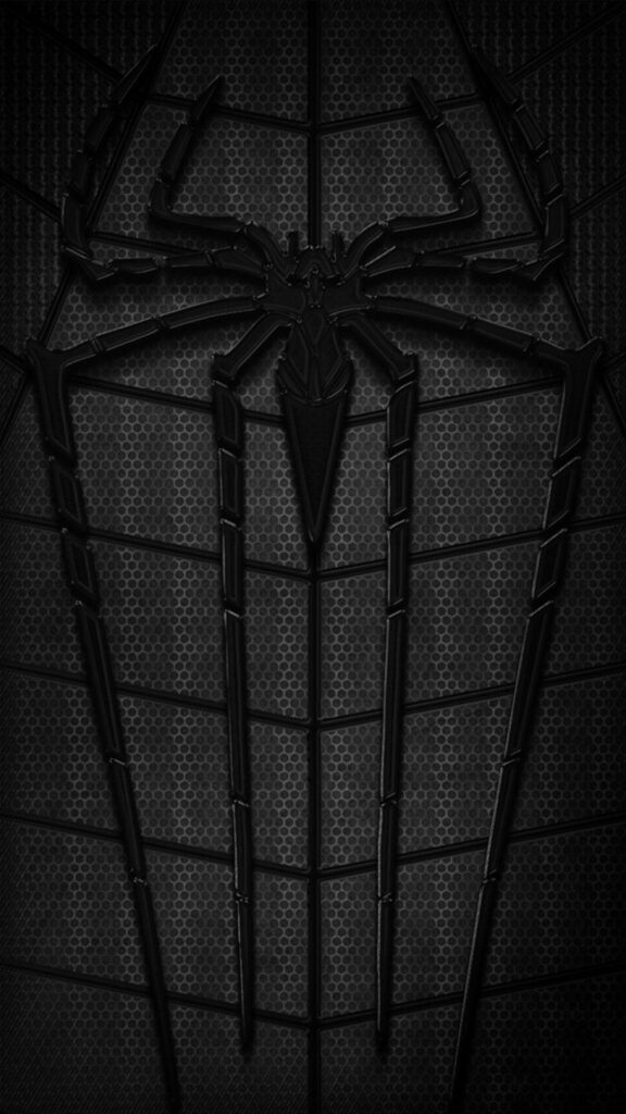 HD phone wallpaper with sleek black Spider-Man logo on dark web-textured background