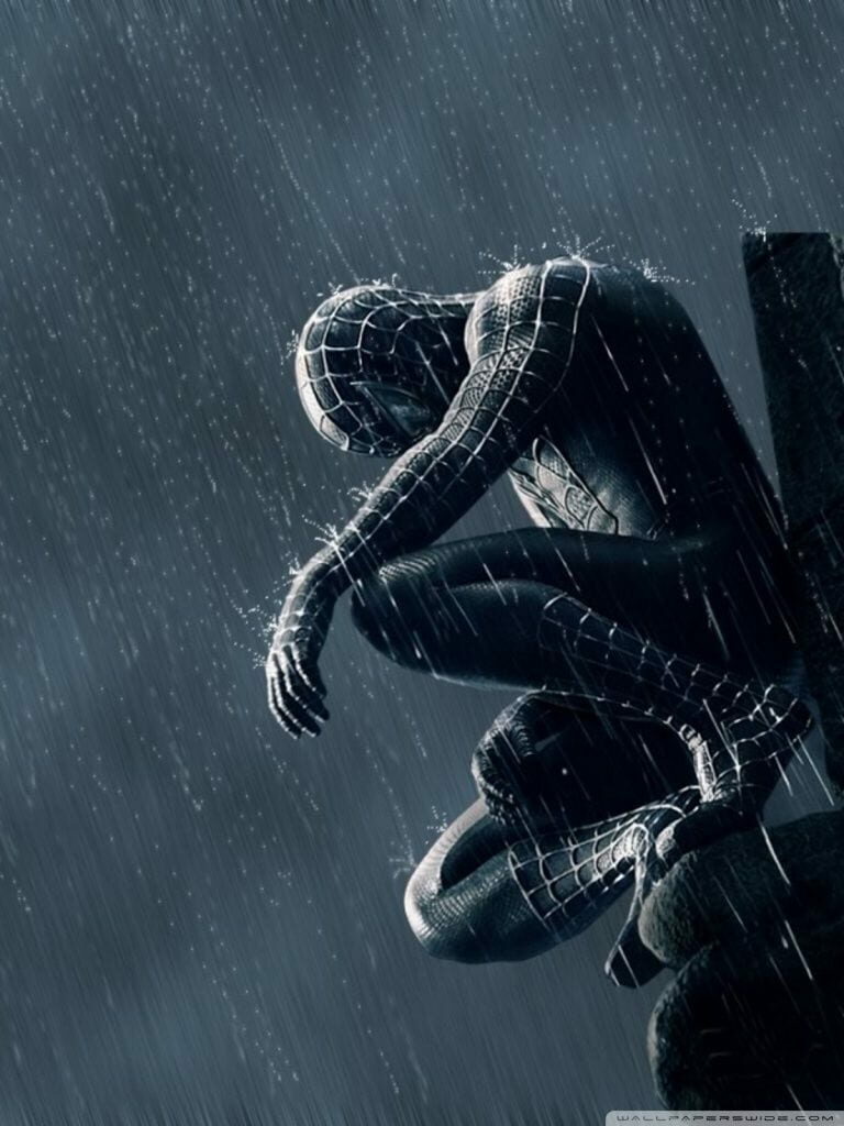 Black Suit Spider-Man crouching on rainy rooftop, detailed suit, dramatic HD wallpaper background