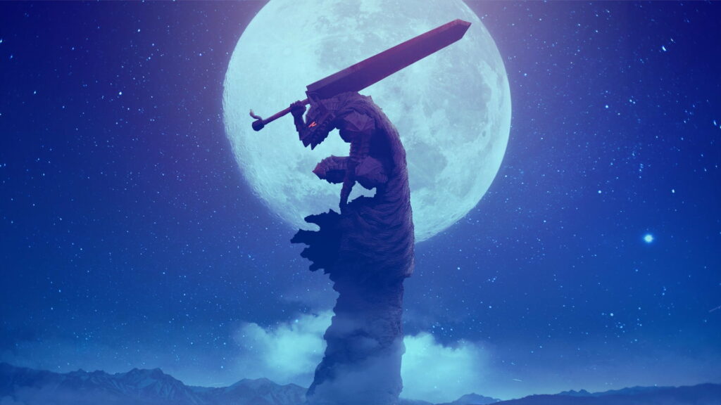 Berserk HD wallpaper: Guts in Black Swordsman attire with massive sword, mystical moonlit background