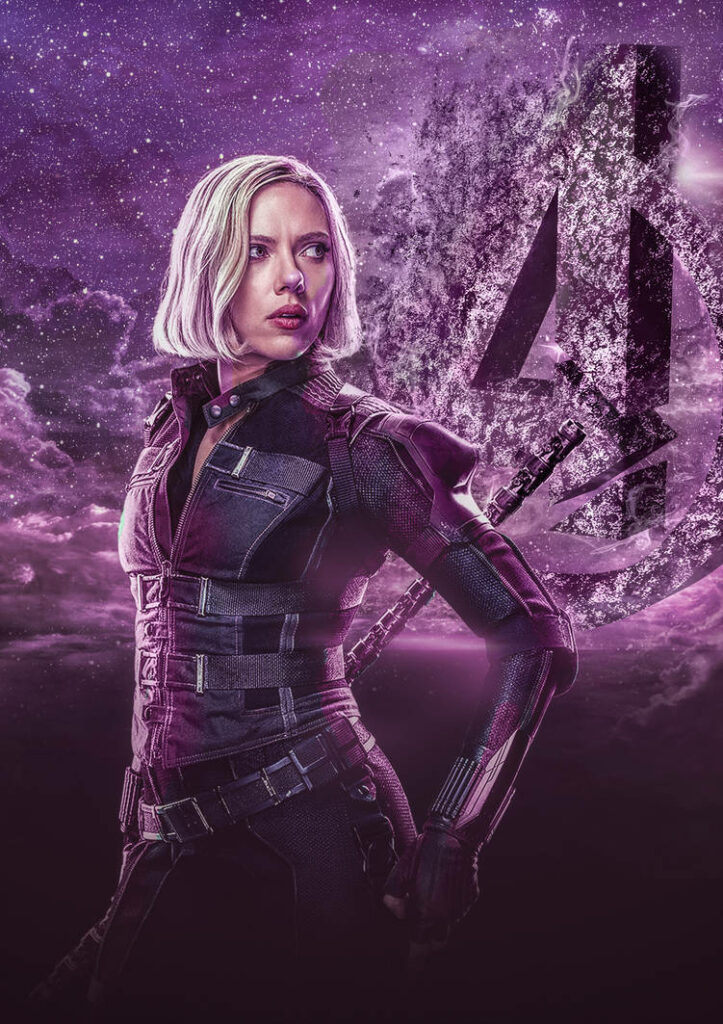 Black Widow in Infinity War suit stands confidently with Avengers logo cosmic purple backdrop Wallpaper