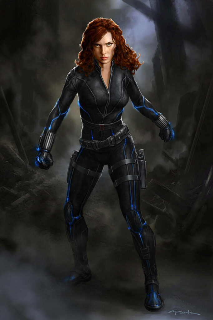 Black Widow in black tactical suit poses confidently on dark dramatic action-ready wallpaper background
