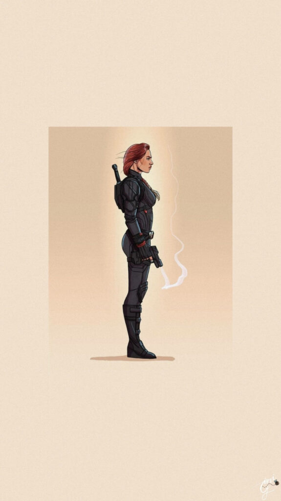 Black Widow side view in tactical black suit with weapon minimalist background wallpaper