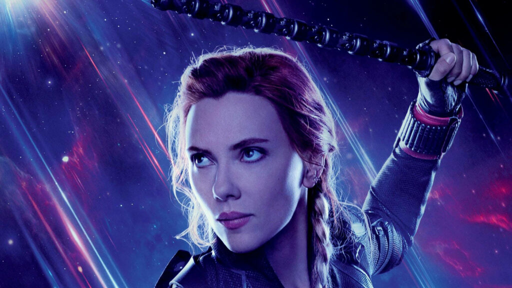 Black Widow in detailed armor holding weapon against vibrant cosmic background 4K wallpaper
