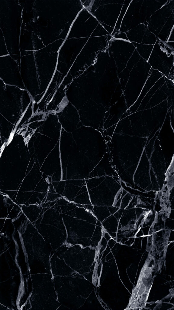 Black and silver shattered glass mobile wallpaper with intricate cracks on dark marble background