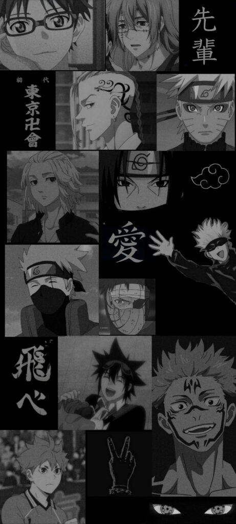 Black & White Anime Collage Wallpaper with Japanese Text Elements