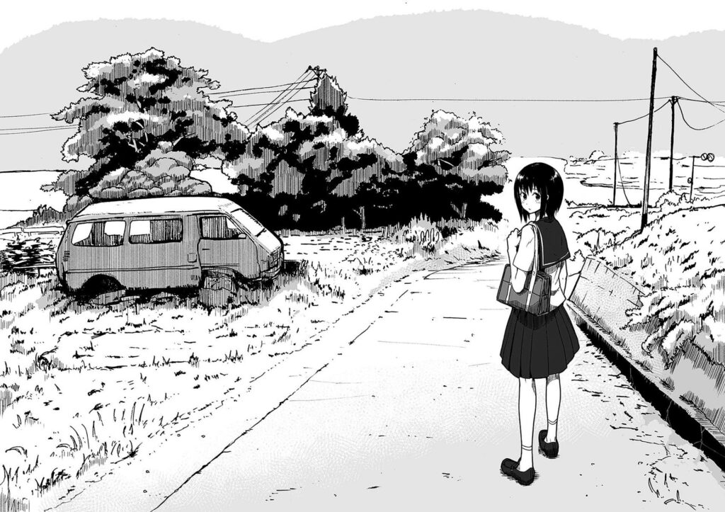 Nostalgic Black and White Anime Wallpaper: Girl on Rural Road