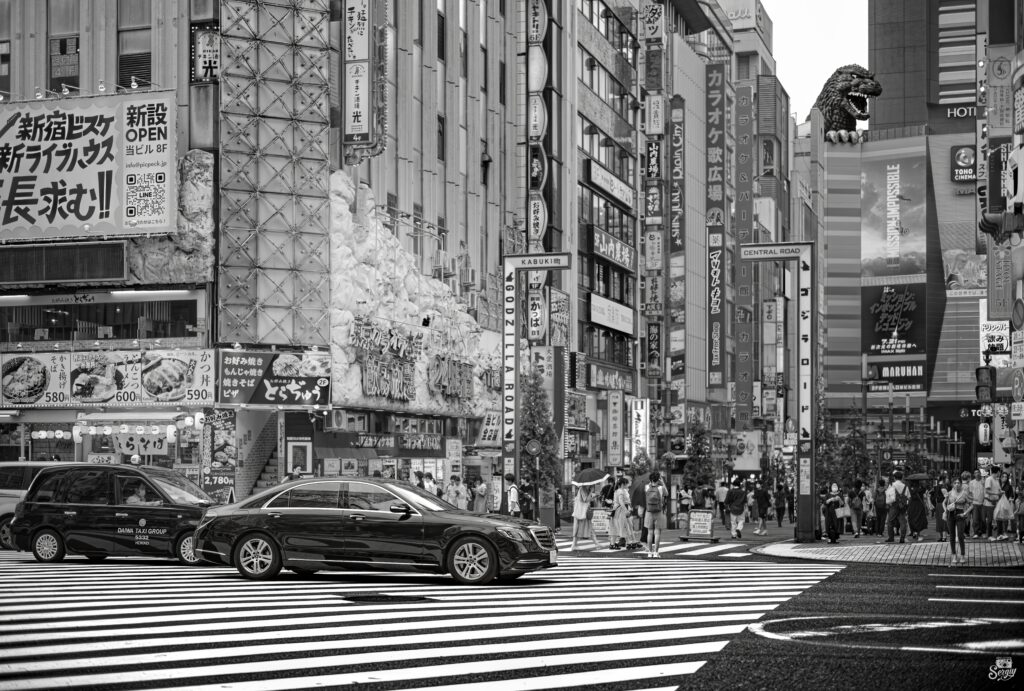 Urban Black and White Cityscape Wallpaper of Busy Intersection