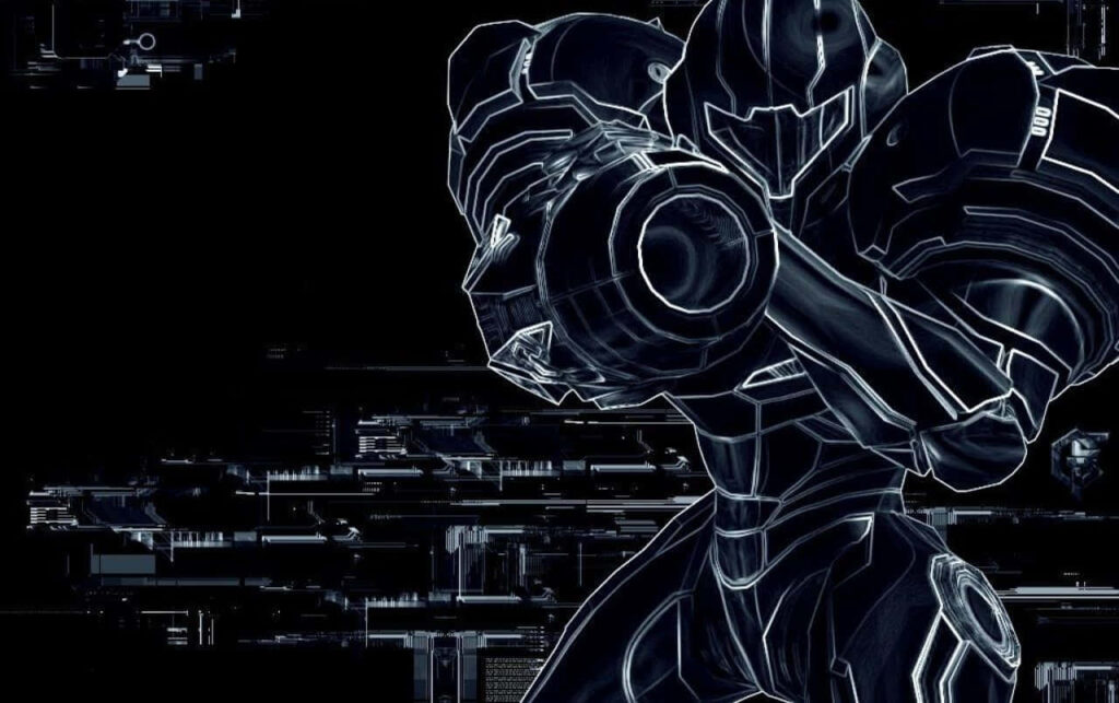 Dynamic Black & White Samus Aran Wallpaper: Futuristic Schematic Design