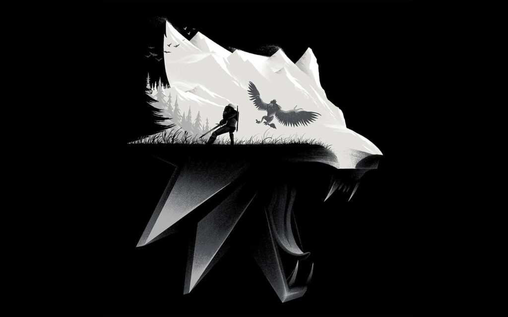 Shadow of the Wild Hunt: A Black and White Wolf Illustration Inspired by The Witcher Video Games Wallpaper