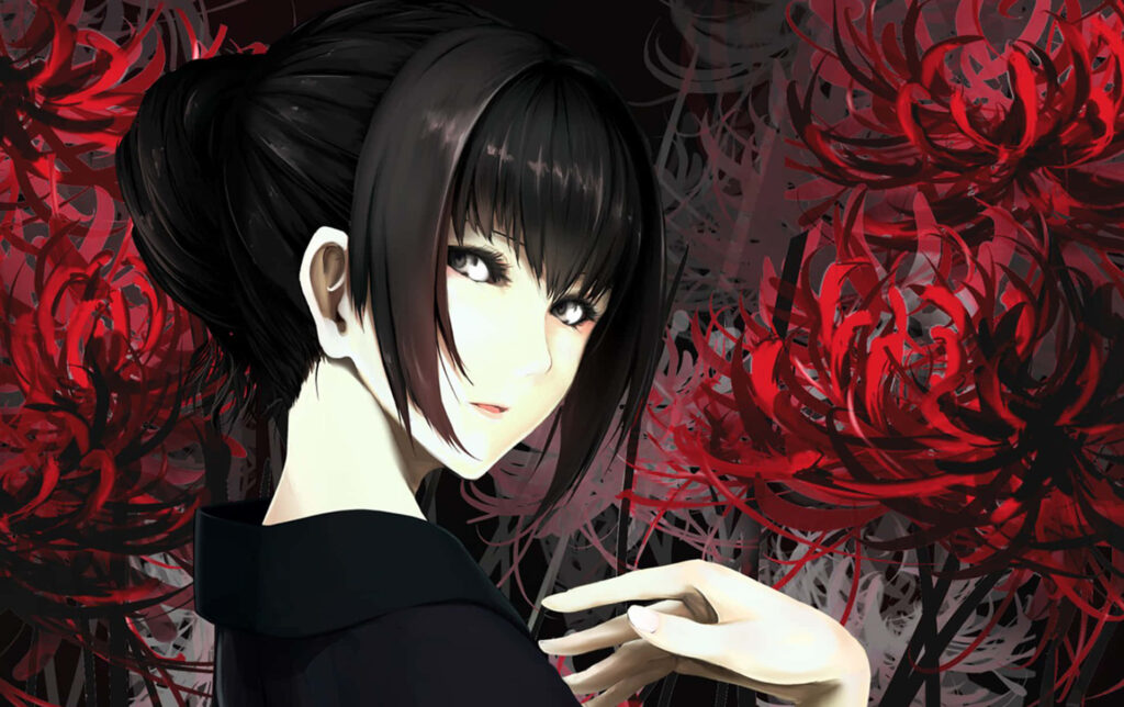 Mysterious Anime Enigma: A Black-Haired Beauty Glimpses Backward Amidst Vibrant Ruby Hues Wallpaper