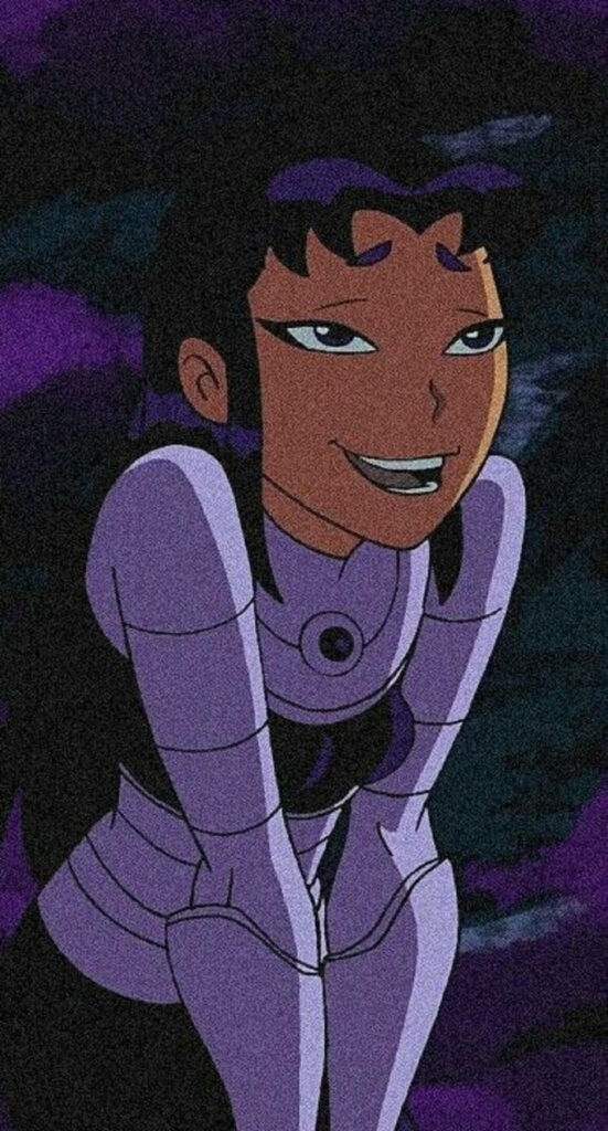 Illustration of Blackfire in purple armor with confident expression on dark artistic wallpaper background