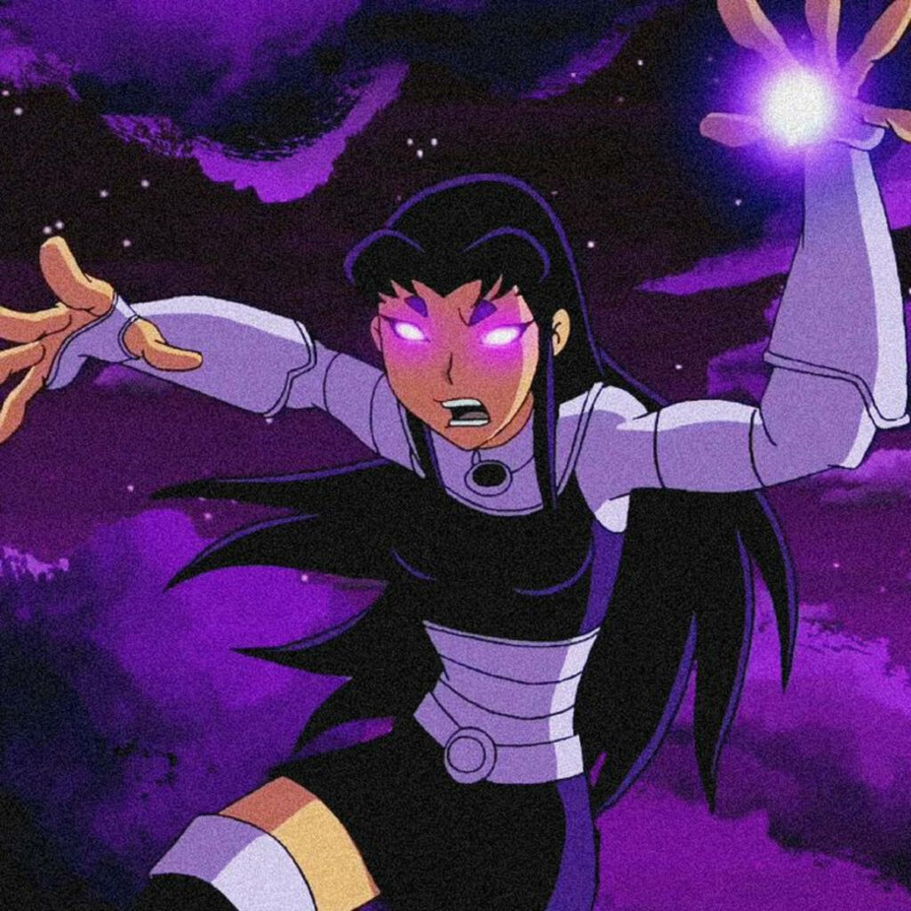 Blackfire from DC Comics glowing with fierce purple energy in a cosmic starry background wallpaper