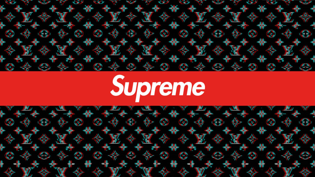 Louis Vuitton x Supreme glitch-effect monogram wallpaper with red box logo on black background