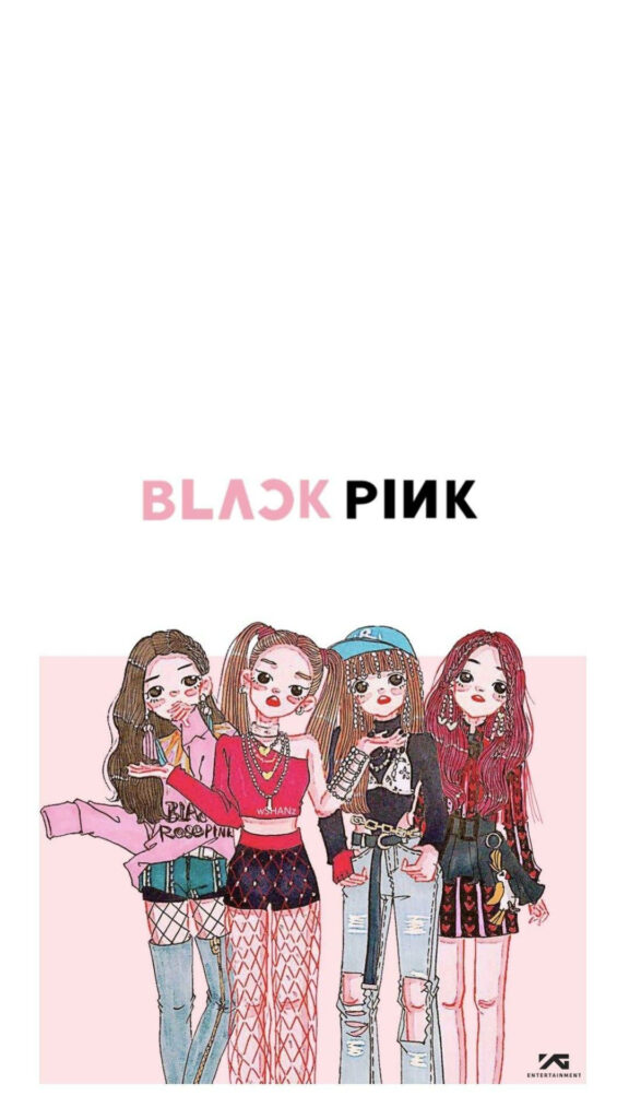 Blackpink's Edgy Anime Avatar: Fishnets, Ripped Jeans, and Iconic Grunge Outfits Take Center Stage with Group and Company Logos in the Background Wallpaper